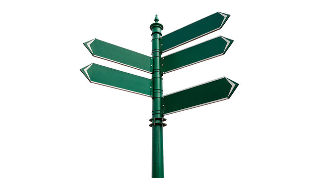 Green metal multi directional road street signpost isolated on transparent background cut out