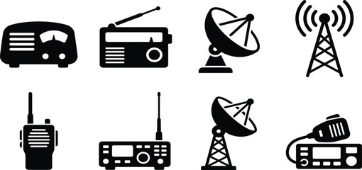 Fototapeta premium Radio Communication Equipment Icon Set Black Silhouette Vector Collection Featuring Radio Antenna Satellite Dish Walkie Talkie and Transceiver