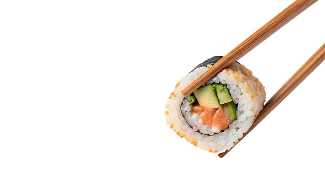 Single fresh sushi roll piece held with wooden chopsticks isolated on transparent background cut out