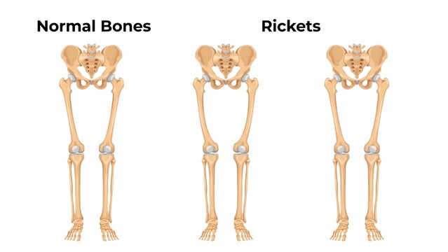 Medical illustration comparing healthy human leg bones and rickets condition