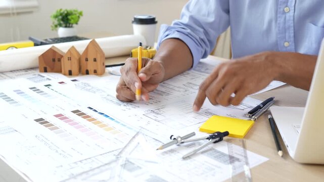 Architect reviewing construction plans at a modern office desk with blueprints, laptop, and engineering tools for a building project.