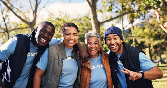Volunteer, people and portrait with happiness outdoor, support and charity together in nature. Team, smile and group with community service for outreach, peace sign and social responsibility mission