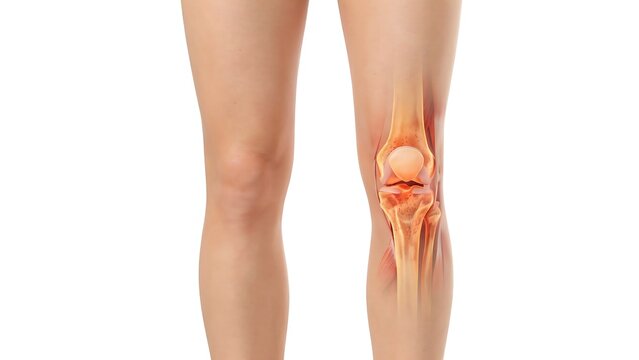 Human legs standing with knee joint anatomy highlighted in yellow, skeletal