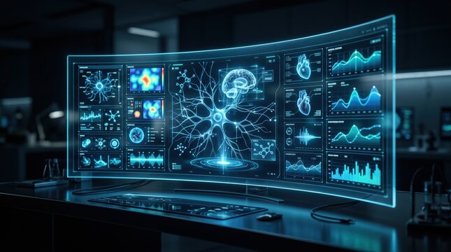 Futuristic curved computer monitor displaying holographic brain neuron network, heart charts, scientific data analysis interface, dark room