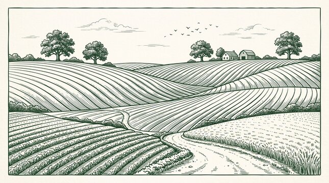 "Create a minimalist agricultural landscape illustration in a vintage engraved style. Depict rolling farmland with elegantly curved crop rows extending across the hills, creating a sense of depth and 