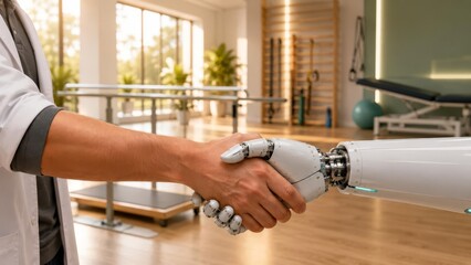 Naklejka premium Physical Therapist and AI Robot Handshake in Modern Rehabilitation Center
