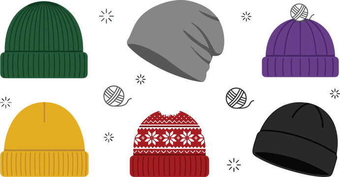 Winter Beanie Hat Collection with Knitted Cuffed Beanies, Slouch Beanie and Fair Isle Pom Pom Hat Vector Illustration