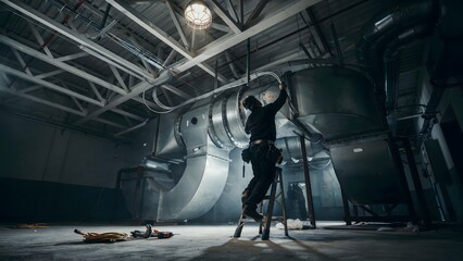 Fototapeta premium Industrial Maintenance Worker Inspecting Large Ventilation System in Factory