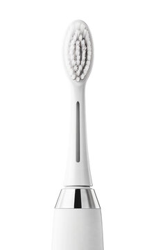 Electric toothbrush head with bristles: side view on transparent background.