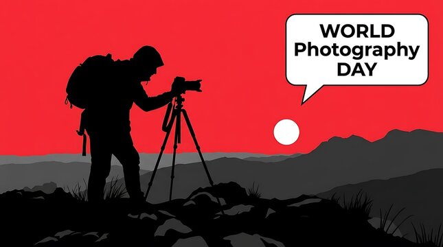 World photography day silhouette of photographer with camera at sunset, mountain
