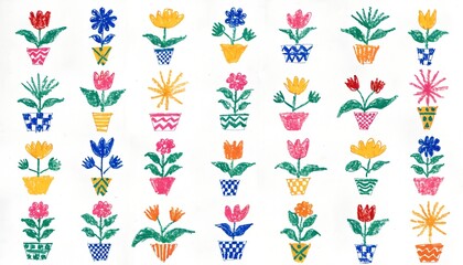 Fototapeta premium Hand Drawn Colorful Potted Flowers Pattern on White Background