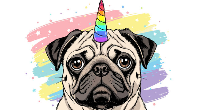 Whimsical vector illustration of a pug dog featuring a flat design style, expressive large eyes, and a cute sitting pose. Minimalist canine character isolated on white background.