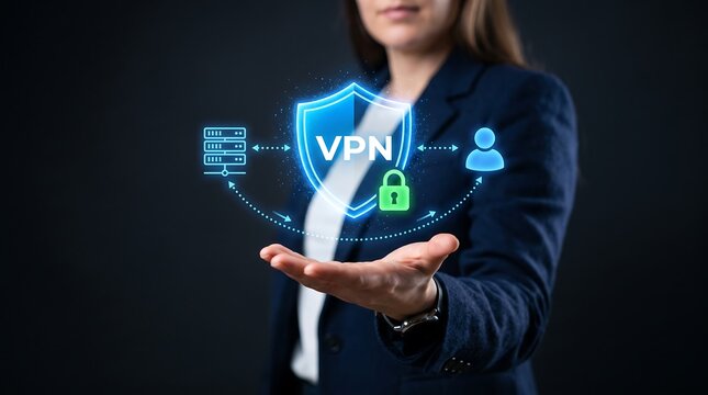 Corporate executive holding virtual private network interface for secure data flow and network protection during professional business digital transformation technology strategy