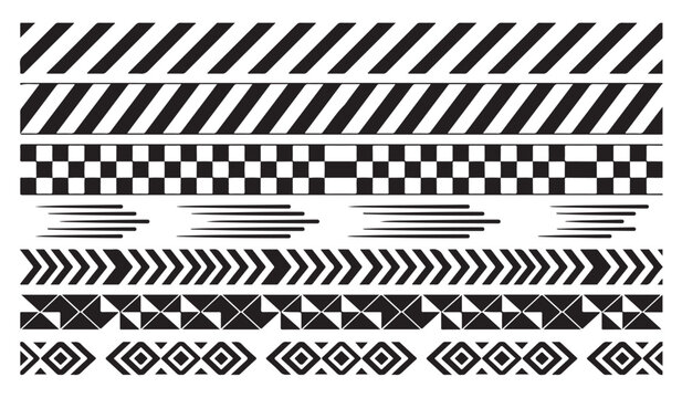 Collection of black and white seamless pattern ribbons and graphic borders with geometric checkered monochrome abstract ornament decorative