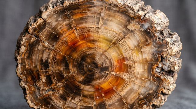 Close up of a polished petrified wood slice showing detailed annual tree growth rings, vibrant agate mineralization, and rough outer bark