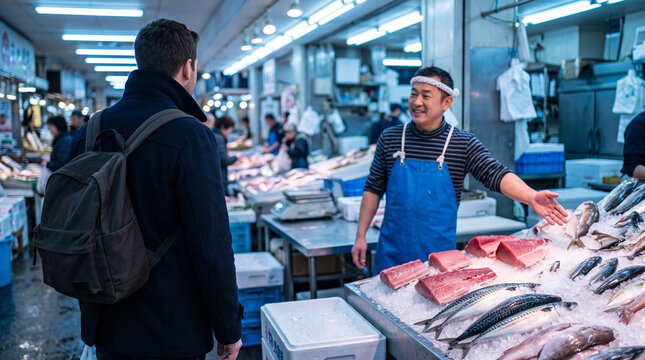 Tourist talking to a friendly Japanese fishmonger selling fresh seafood at a local market
