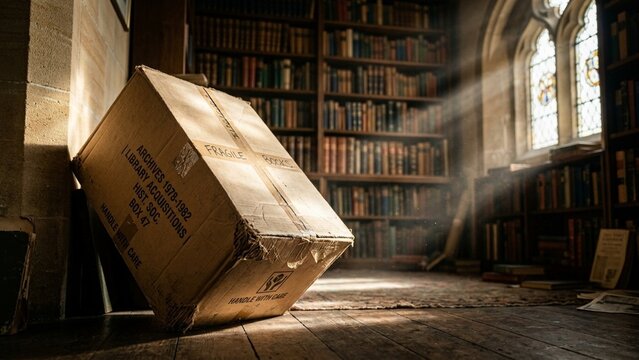 Vintage archive box with books in a sunlit classic library room