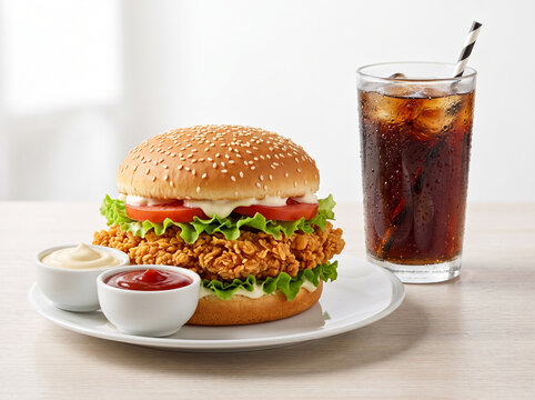 Crispy Fried Chicken Burger Combo Meal with Dipping Sauces and Iced Cola Drink on White Plate