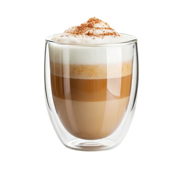 Double wall glass mug with layered latte coffee whipped cream topping and cinnamon dusting for coffee shop menu