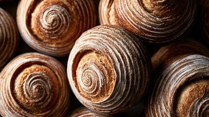 Obraz premium A top-down arrangement where rustic bread loaves create spiral patterns across the frame