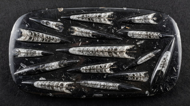 Polished black limestone slab containing prehistoric orthoceras fossil cephalopods with detailed white chambered shells on a dark background