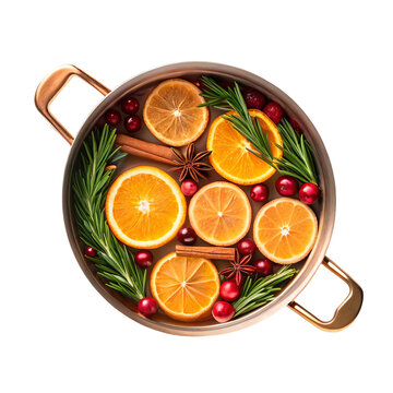 Copper saucepan filled with sliced oranges cranberries rosemary and cinnamon sticks for autumn simmer pot aromatics promo