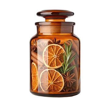 Amber glass apothecary jar filled with dried orange slices cinnamon and star anise for vintage apothecary branding design