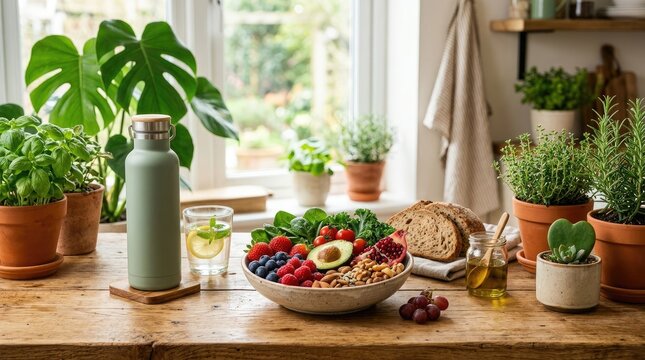 Healthy nutrition spread with reusable bottle and heart leaf plant