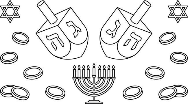 Hanukkah Festival Vector Icon Set with Dreidels, Menorah, Gelt Coins, and Star of David Outline Illustrations for Jewish Holiday Designs