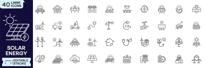 Solar Energy Icon Set. Renewable power, solar panel, battery storage, EV charging and wind turbine editable line icons. Vector illustration. © Mirza Jonayer