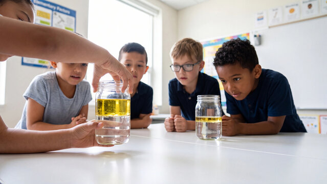 Pupils gather around a table to watch a teacher demonstrate how oil and water behave when mixed in a glass jar during a science lesson.