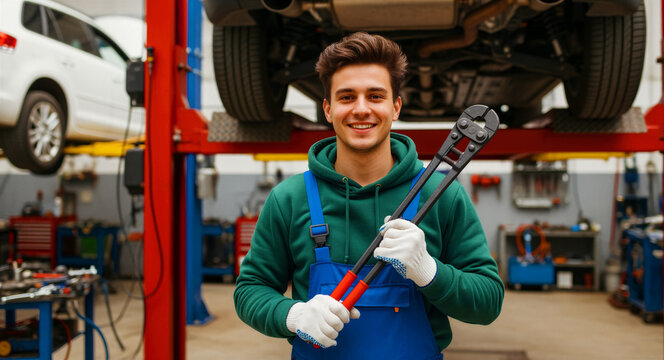 Young smiling mechanic holding large bolt cutters in an auto repair shop. Professional technician in overalls standing under a vehicle lift. Automotive service concept for garage marketing.