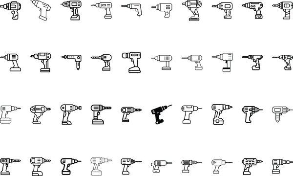 set of drill icons for construction and repair
