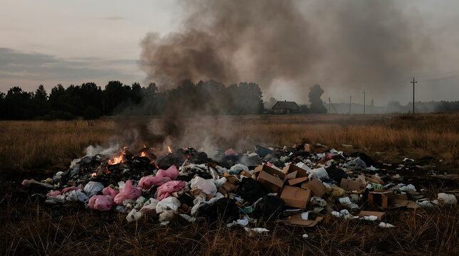 Smoke rising from burning garbage pile in rural field fire