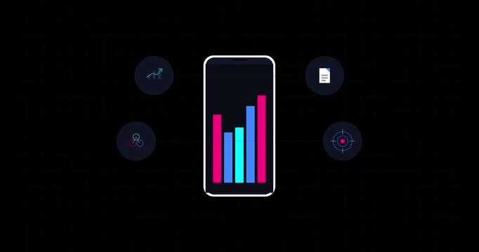 Mobile Data Analytics Dashboard with Colorful Charts and Digital Business Icons on Dark Background