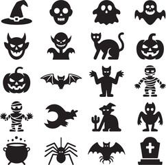 Fototapeta premium Halloween-themed black and white icons set