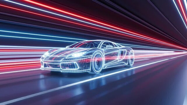Futuristic sports car driving fast through a digital light speed tunnel