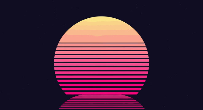 Retro futuristic vector illustration with synthwave aesthetic, neon wireframe grid landscape, glowing digital sun, 80s sci-fi mountains, and vibrant purple to orange gradient sky.