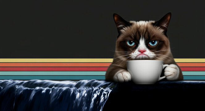 Grumpy cat with blue eyes holding a white coffee mug. Feline with a miserable expression sits behind a retro striped background and flowing water. Humorous morning concept and moody pet theme.
