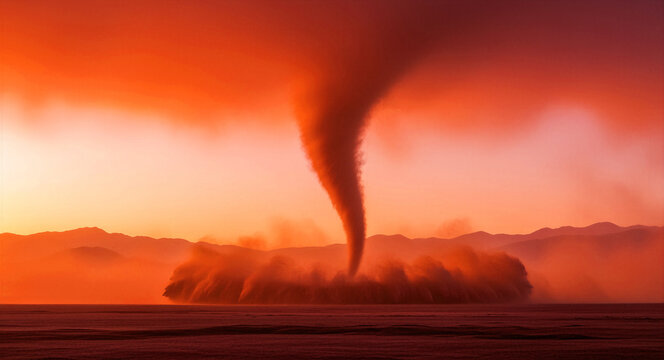 Massive orange tornado touching down in a desert landscape at sunset. Intense vortex spinning with dust clouds against mountain range. Natural disaster concept for extreme weather and climate.
