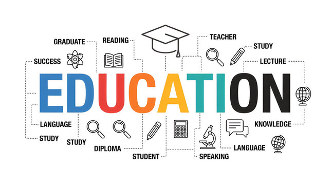 Education typography concept with learning icons like diploma, books, student, and graduation cap