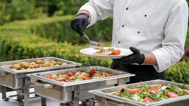 Professional chef serving food from catering buffet chafing dishes with catering
