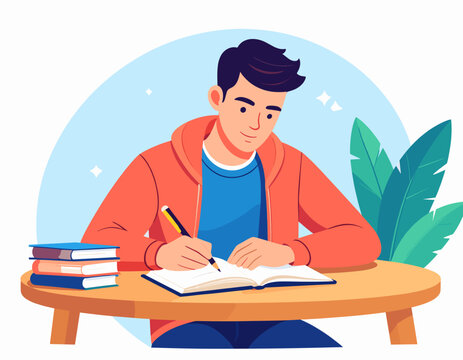 Young man writing in a notebook at his desk for study or creative work