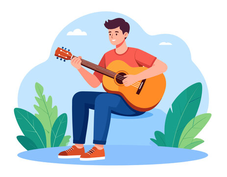 Young man playing acoustic guitar sitting in nature park flat vector illustration