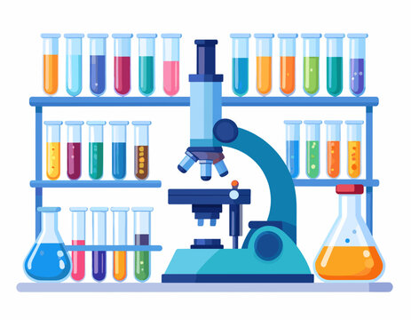 Scientific Microscope and Colorful Test Tubes for Laboratory Research Illustration