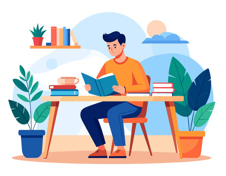 Young man reading book at wooden desk in bright home office