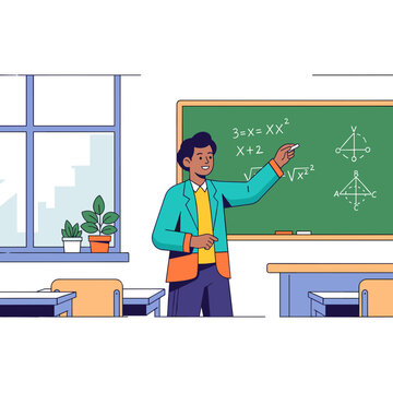 Male teacher explaining complex math equations on a chalkboard in a bright classroom illustration