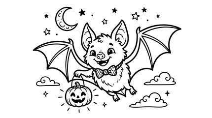 Cute Halloween bat coloring page for kids, cartoon bat flying with pumpkin lantern, spooky night sky with moon and stars vector illustration isolated on White Background