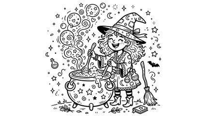 Whimsical little witch coloring page, cute sorceress brewing magic potion in cauldron, black and white fantasy line art for kids activity isolated on White Background
