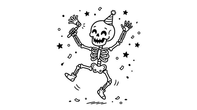 Hand drawn dancing skeleton with party hat, happy cartoon skeleton celebrating with confetti and stars, black and white doodle vector illustration isolated on White Background